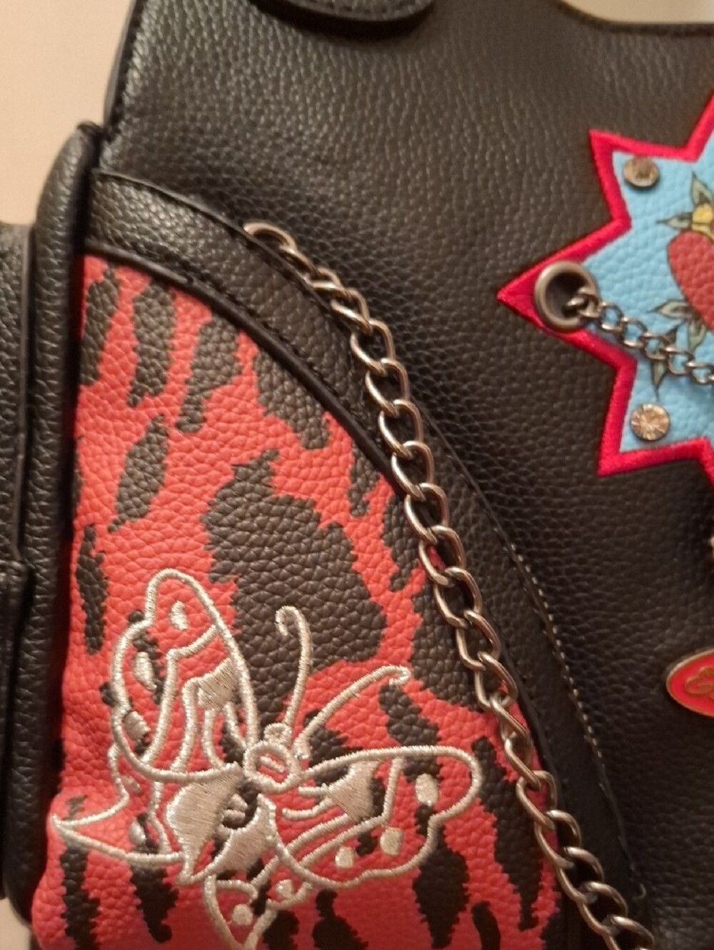 Ed Hardy Black, Red & Light Blue Heart Star Patch Satchel - Picture 3 of 11